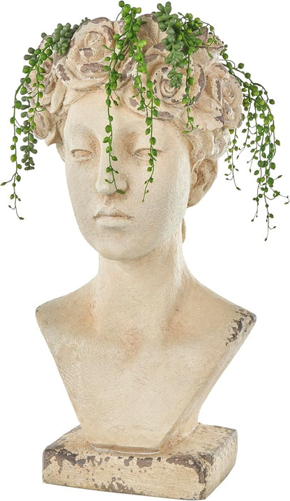 Deco 79 Magnesium Oxide Woman Indoor Outdoor Planter Distressed Antique Greek Bust Large Planter Pot with Floral Accents, Planter 11" x 10" x 22", Cream