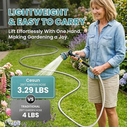 Cesun 25 ft Metal Garden Hose, Stainless Steel Heavy Duty Water Hose With 10 Function Nozzle, No Kink & Flexible, Lightweight and Durable, Rust Proof for Yard, RV, Pet Bath, Outdoor, 25 foot x 5/8"