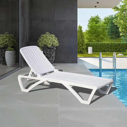 Domi Patio Outdoor Chaise Lounge Chairs Set of 4, All-Weather Plastic Adjustable Reclining Loungers, Stackable Tanning Lounge Chair w/Wheels, for Beach Garden Lawn Pool, White