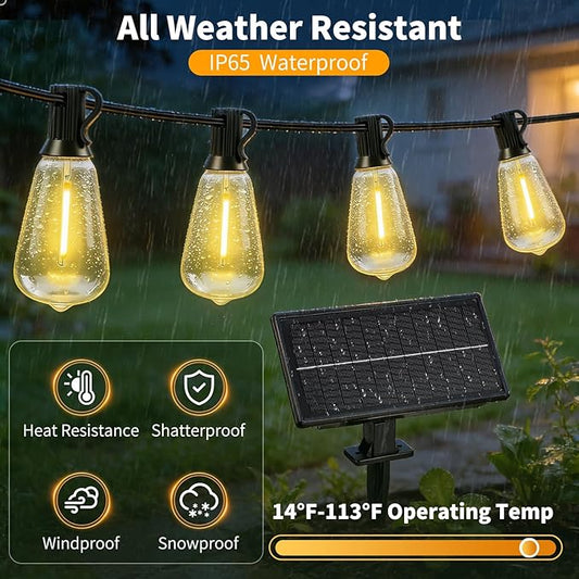 Outdoor Solar String Lights Waterproof: ST38 33ft Shatterproof Patio Lights - Solar Powered & USB Dual Charging - 3 Modes Button Control - Garden Backyard Gazebo Porch Party Decor