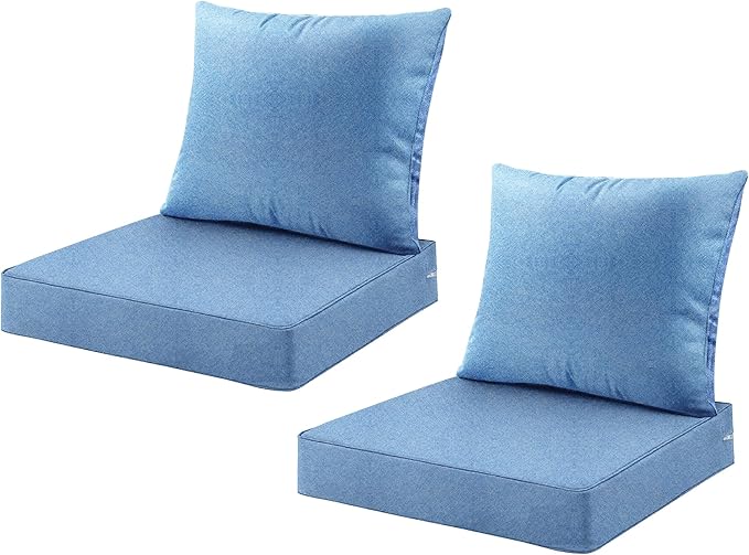 ARTPLAN Deep Seat Cushion with Backrest Set of 2 - All-Weather Outdoor Sofa Cushions for Sectionals-Polyester Fabric, Waterproof-High-Resilience Foam for Patio, Backyard Garden,Warm Blue