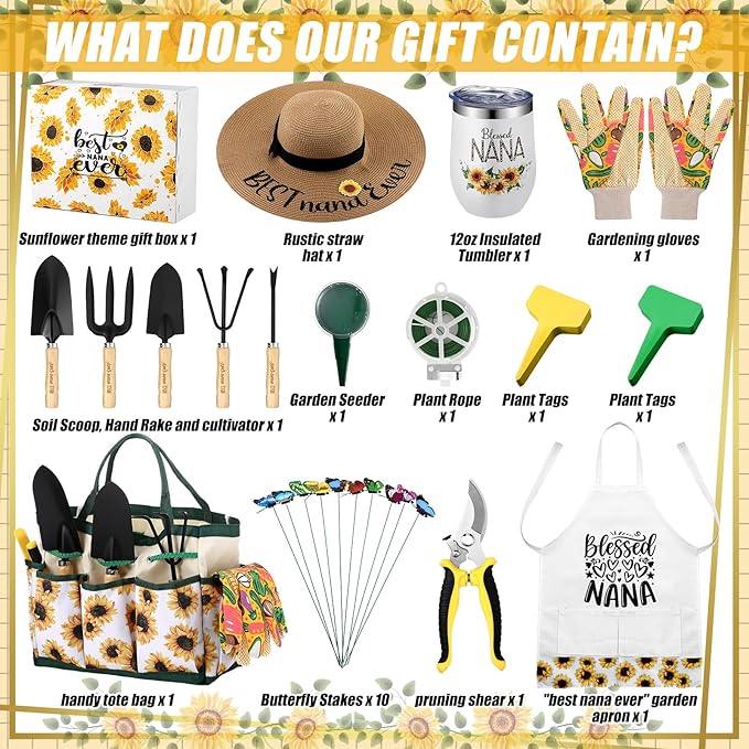 Lasnten 16 Pcs Mothers Day Garden Gift for Nana Women Garden Tools Sunflower Birthday Gardening Supplies from Grandson Gloves Apron Insulation Cup Fork Trowel Tote Bags for Plant Lover Present