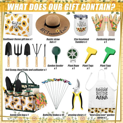 Lasnten 16 Pcs Mothers Day Garden Gift for Nana Women Garden Tools Sunflower Birthday Gardening Supplies from Grandson Gloves Apron Insulation Cup Fork Trowel Tote Bags for Plant Lover Present