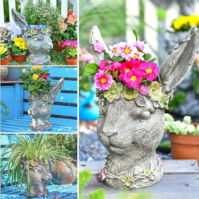 Sungmor Bobby Rabbit Head Planter - Premium Resin & 14.6" Tall Large Garden Pot - Lovely Animal Figurine Ornament Plant Container - Hand-Painted Decorative Plant Pot Indoor Artificial Flower Vase