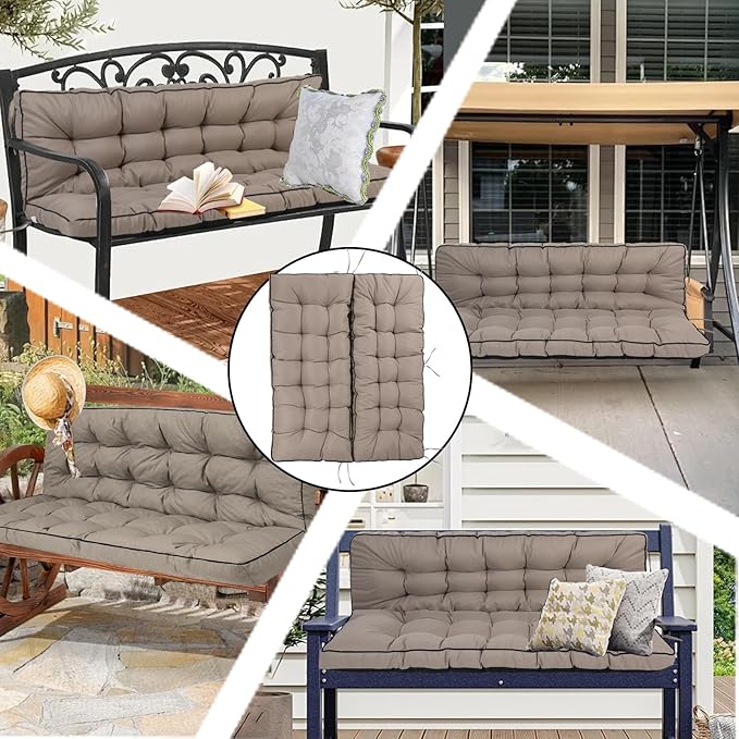 Porch Swing Cushion Three Seat, Waterproof Swing Cushions Replacement with Backrest, Outdoor Garden Furniture Patio 4" Thickened Cushions with Ties (Khaki, 40 x 71in)