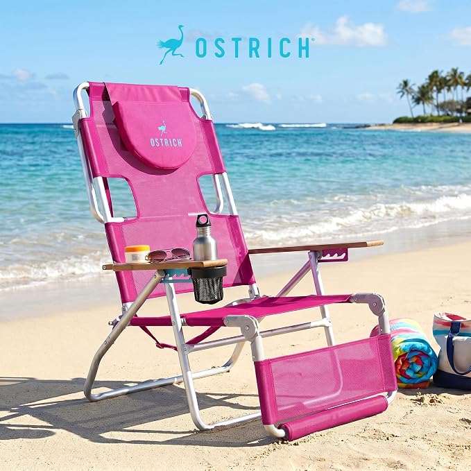 Ostrich The Original 3N1 Lightweight Lawn Beach Reclining Lounge | Chair with Footrest, Outdoor Furniture for Patio, Balcony, Backyard, or Porch, Pink