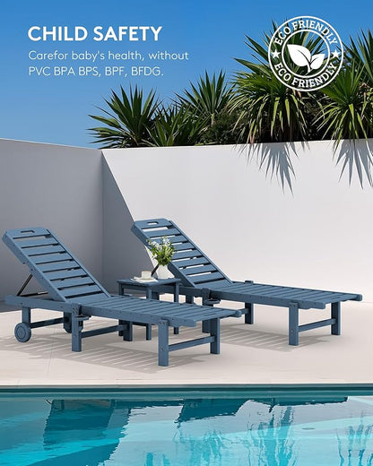 SERWALL Patio Chaise Lounge Set of 2, Outdoor Lounger with Cup Holder and Rolling Wheels, HDPE Pool Chaise for Poolside, Deck, Sunbathing, Blue