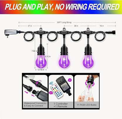 35FT Outdoor String Lights, 11 Shatterproof Edison Bulbs, Dimmable RGB Color Changing Patio Lights with Remote,Waterproof for Garden Commercial LED Decorative Lighting.
