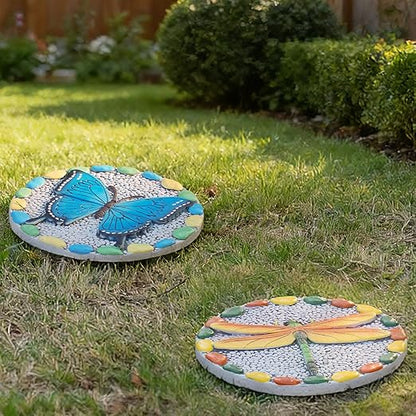 Decorative Butterfly Garden Stepping Stone - Round 10-Inch Concrete, Multi-Colored with Blue Design, Pebble Background for Outdoor Pathways Cynkeyee
