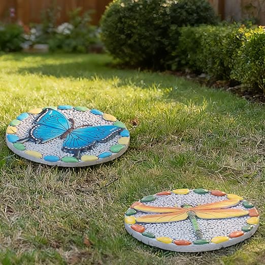Decorative Garden Stepping Stone Dragonfly - Round Outdoor Pathway Stone with Yellow and Green Design, White Pebble Background 10x10 Inches