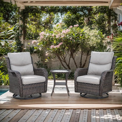 Patio Swivel Chairs with Smile-Shaped Cushions, 3 Piece High Back Patio Swivel Glider Chairs with Side Table 3PCS PE Rattan Luxury Patio Conversation Set Brown Wicker | Beige Cushions