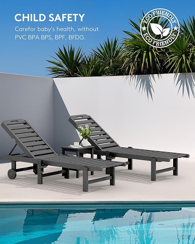 SERWALL Patio Chaise Lounge, HDPE Outdoor Lounge Chair with Cup Holder, 5 Positions Adjustable Poly Lounge Chair with Rolling Wheels for Poolside, Deck, Sunbathing, Grey
