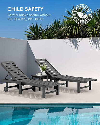 SERWALL Patio Chaise Lounge, HDPE Outdoor Lounge Chair with Cup Holder, 5 Positions Adjustable Poly Lounge Chair with Rolling Wheels for Poolside, Deck, Sunbathing, Grey