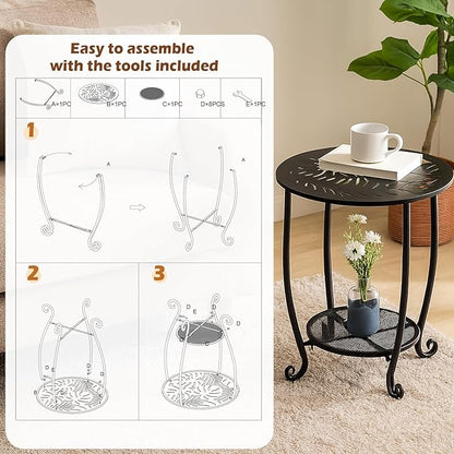2-Tier Metal Round Side Table Black Accent Coffee Tables Small Space Corner Plant Stand Shelf for Indoor Outdoor Porch Patio Balcony Living Room End Table with Storage, Rust-Proof