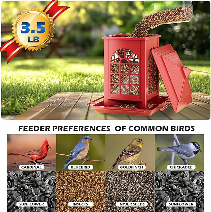 Birdream Bird Feeders for Outdoor Hanging, Assembly Required, 1-Min Easy Setup, Classic Courtyard Design, Attracting Cardinals Chickadees Goldfinches & Sparrows - Red
