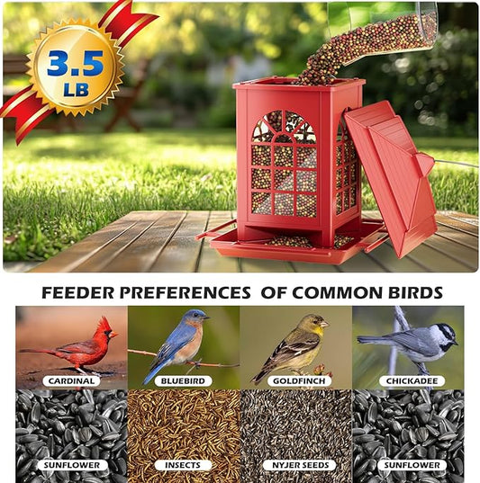 Birdream Bird Feeders for Outdoor Hanging, Assembly Required, 1-Min Easy Setup, Classic Courtyard Design, Attracting Cardinals Chickadees Goldfinches & Sparrows - Red