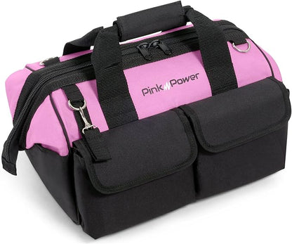 Pink Power Pink Tool Bag for Women -16" Tool Tote Bag w/ 22 Storage Pockets - Womens Small ToolBag Ladies ToolBox for Hand Tools, Power Kits & More - Womens Zipper Toolbag Caddy Organizer
