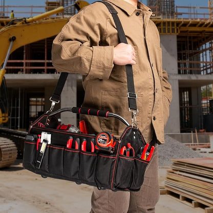 HAUTMEC 18" Foldable Tool Tote, Open Top Tool Bag with Removable Divider & Stiff Frame, 23-Pockets Electrician Tool Bag with Padded Steel Handle, Shoulder Strap & Water-Resistant Hard Base – HT0020
