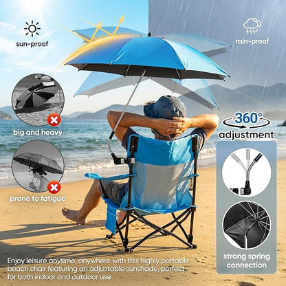 HaSteeL Low Beach Chair Set of 2, Foldable Blue Camping Chair with Adjustable Umbrella Set for Adults, Lightweight Portable Lawn Chairs for Fishing, Picnic, Outdoor BBQ, Travel, Sports