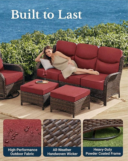 HILLGA Luxury Patio Furniture Set with 6-Inch Thick Cushions, High Back Outdoor Swivel Rocker Chairs Patio Couches, 6-Piece All Weather Conversation Set for Porch Deck Pool Yard, Burgundy (V3)