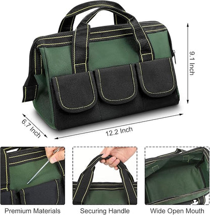 Sanwuta 3 Pack Tool Bag for Men with Waterproof Hard Bottom, Heavy Duty Tool Bag Wide Mouth Tote for Various Instrument, Electrician Carpenter Mechanic(Red, Army Green, Blue,13 Inch,Classic)