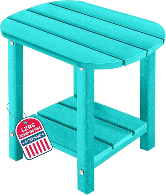 LZRS 2-Tier Patio Side Table, Heavy Duty HDPE Outdoor End Table with Wood Texture, Weatherproof Composite Table for Adirondack Chairs, Deck, Pool, Indoor/Outdoor, No Peeling Cracking(Turquoise)
