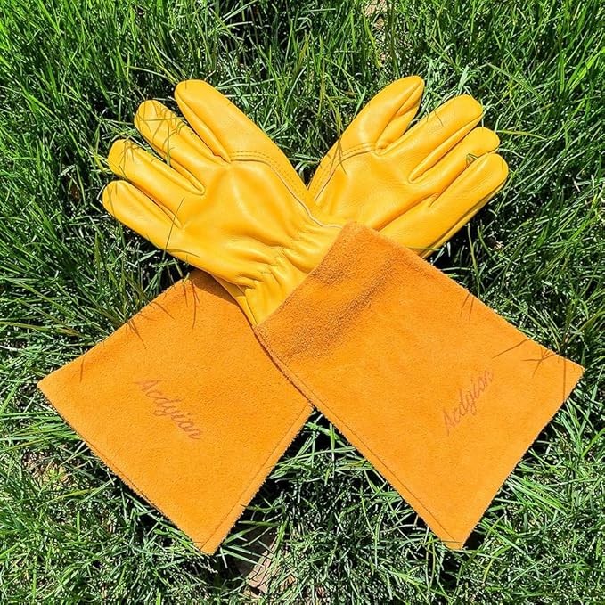 Acdyion Thorn Proof Gardening Gloves for Men & Women, Long Cowhide Leather Rose Pruning Gloves with Forearm Protection, Puncture Resistant Gauntlets for Cacti, Blackberries & Yard Work(yellow,Small)