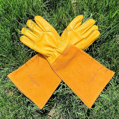 Acdyion Thorn Proof Gardening Gloves for Men & Women, Long Cowhide Leather Rose Pruning Gloves with Forearm Protection, Puncture Resistant Gauntlets for Cacti, Blackberries & Yard Work(yellow,Small)