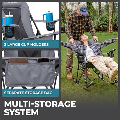FUNDANGO Oversized Rocking Camping Chair for Adults, Portable Folding Lawn Chairs for Outside with Pillows, Wide Armrest, 2 Cup Holders, Carry Bag for Patio Garden Outdoor Supports 400Lbs (Grey)