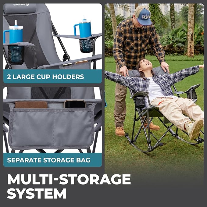 FUNDANGO Oversized Rocking Camping Chair for Adults, 2 Pack Portable Folding Lawn Chairs for Outside with Pillows, Wide Armrest, 2 Cup Holders, Carry Bag for Patio Garden Outdoor Supports 400Lbs(Gery)