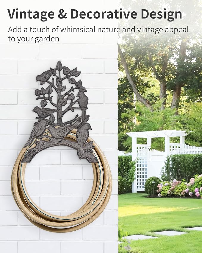 Cast Iron Garden Hose Holder Wall Mount, Rustic Heavy Duty Water Hose Hanger Storage Rack, Decorative Vintage Hose Reel Organizer for Outside Garden Yard Patio, Birds on Branch Design