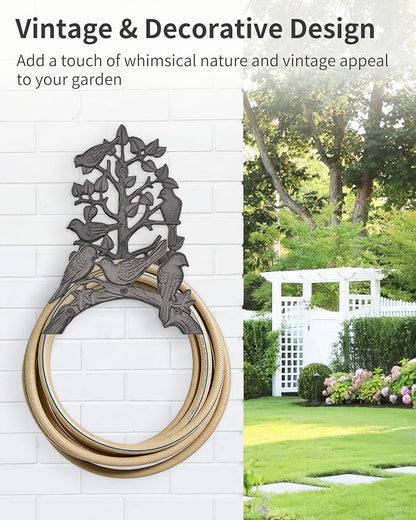 Cast Iron Garden Hose Holder Wall Mount, Rustic Heavy Duty Water Hose Hanger Storage Rack, Decorative Vintage Hose Reel Organizer for Outside Garden Yard Patio, Birds on Branch Design