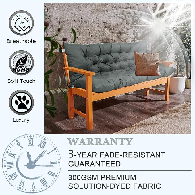 Outdoor Swing Cushions 3 Seater Waterproof, Replacement Bench Cushions for Outdoor Patio Furniture with Backrest, Porch Swing Cushion with Ties for Lawn and Garden (Dark Gray, 40x71in)