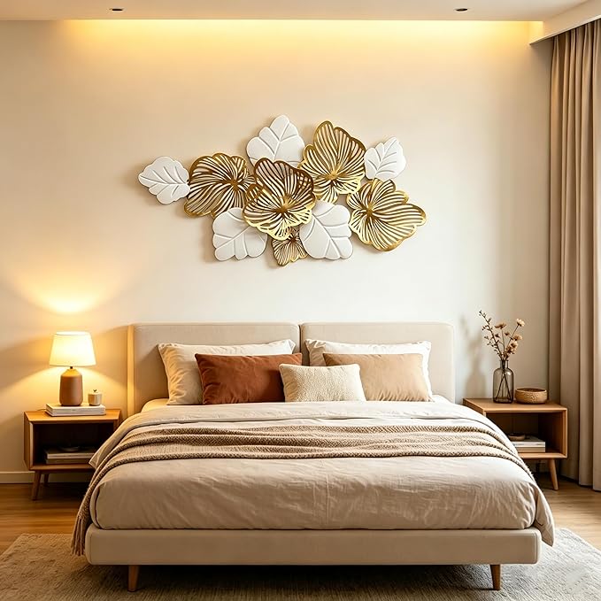 Roivikis Large Metal Wall Art Decor, 3D Abstract White & Gold Floral Leaves Wall Art, Handcrafted Modern Metal Wall Sculpture for Living Room, Bedroom, Entryway, 53.2" × 27"