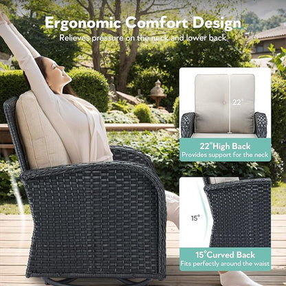 5 Piece Patio Furniture Set with Fire Pit Table - Wicker Patio Conversation Set with Swivel Glider, Glider Loveseat, Tempered Glass Side Table for Deck Backyard - Black Wicker Beige Cushion