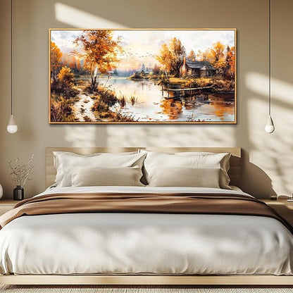 QIYILEXWART Large Wall Decor For Living Room Canvas Wall Art For Office Modern Wall Decorations For Bedroom Lakeside Cabins Autumn Landscape Painting Farmhouse Pictures Artwork Home Decor 24x48