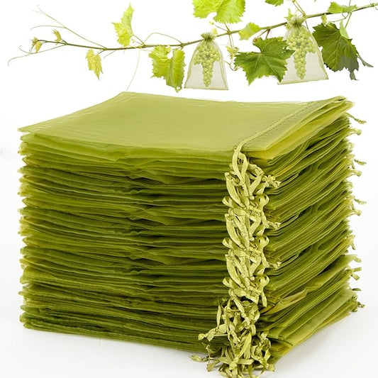 Sukh 50PCS Fruit Protection Bags - 6"x8" Fruit Cover for Fruit Tree Garden Netting Bag to Protection Mesh Drawstring Organza Bags Green Bags for Fruits, Vegetables Reusable Gift Bag for Jewelry, Candy