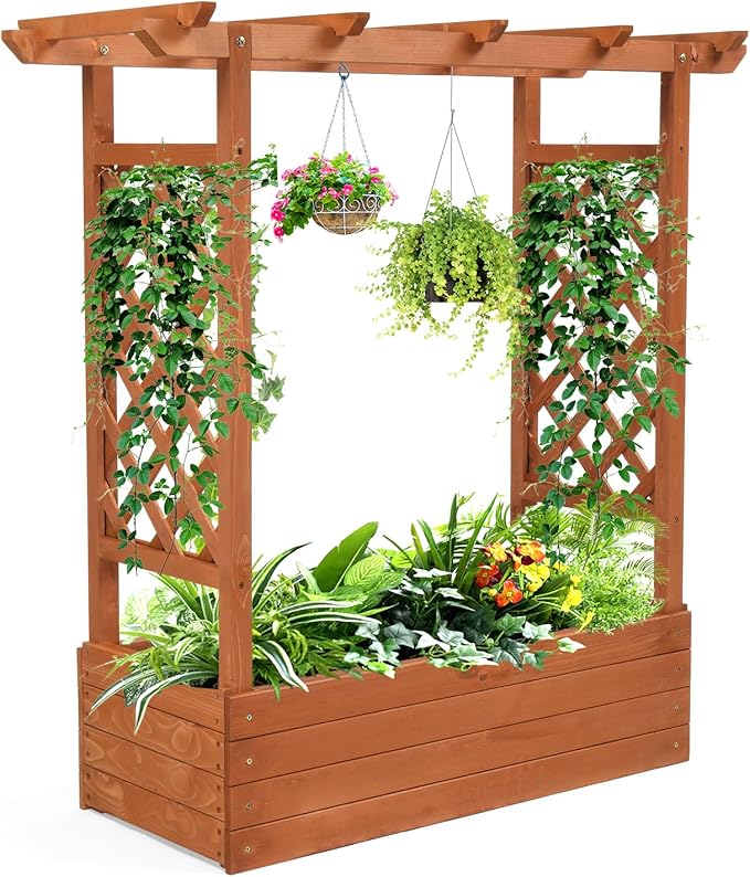 VINGLI Raised Garden Bed with Trellis & Hanging Roof, Wooden Garden Bed, Outdoor Planter Box for Yard, Garden, Balcony