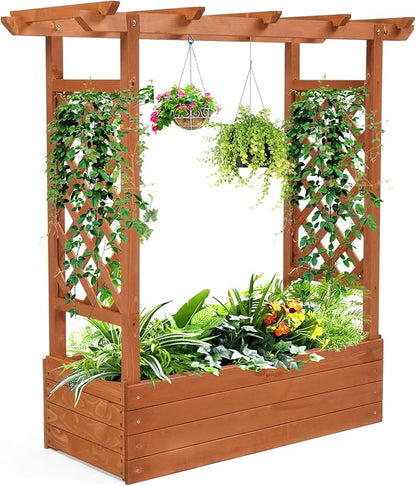 VINGLI Raised Garden Bed with Trellis & Hanging Roof, Wooden Garden Bed, Outdoor Planter Box for Yard, Garden, Balcony