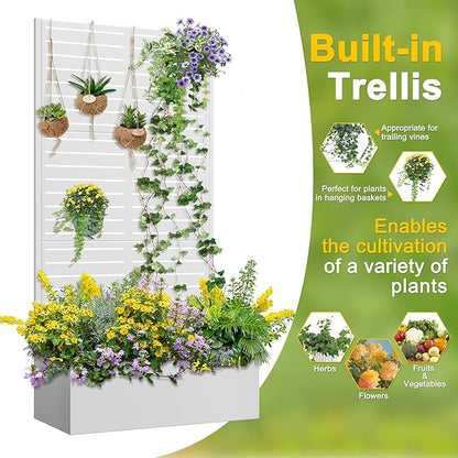 FENCY Metal Raised Garden Bed with Trellis, Metal Planter Box with Trellis, Garden Box for Climbing Plants Vegetable, 35" Lx16 Wx71 H Garden Bed with Drainage Holes(White-Louvered)