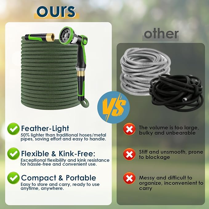 Non-Expandable Garden Hose 25 FT, Lightweight Hose with 10 Function Spray Nozzle, Kink-Free Flexible Water Hose, Durable, Leak-Proof, 360° Swivel Connectors, Portable Storage Strap