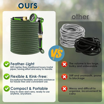 Non-Expandable Garden Hose 25 FT, Lightweight Hose with 10 Function Spray Nozzle, Kink-Free Flexible Water Hose, Durable, Leak-Proof, 360° Swivel Connectors, Portable Storage Strap