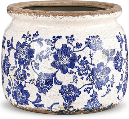 7.7" Large Vintage Ceramic Plant Pot Blue White Farmhouse Rose Crackle Glaze Rustic Flowers Planter Pot with Drainage for Indoor Outdoor Plants Kitchen Office Shelf Home Decor Gift