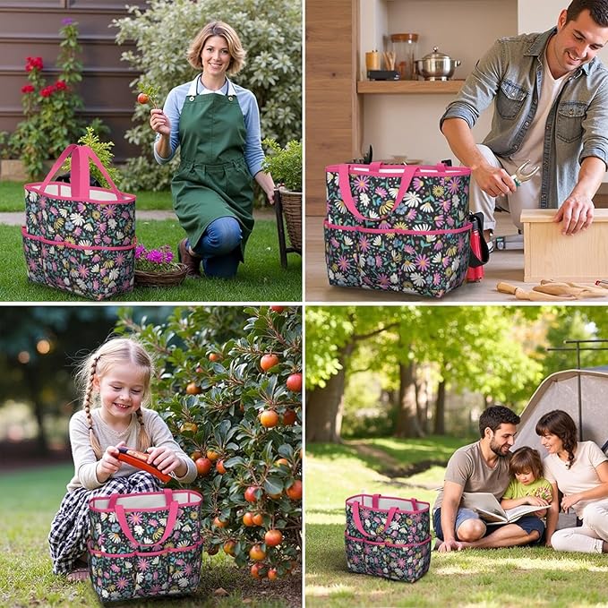 Floral Garden Tool Bag - Waterproof Garden Tote with 8 Pockets, Large Storage Home Organizer Gardening Tool Oxford Bag for Garden Tools Kits Holder, Ideal Outdoor Gardening Gift for Women & Men