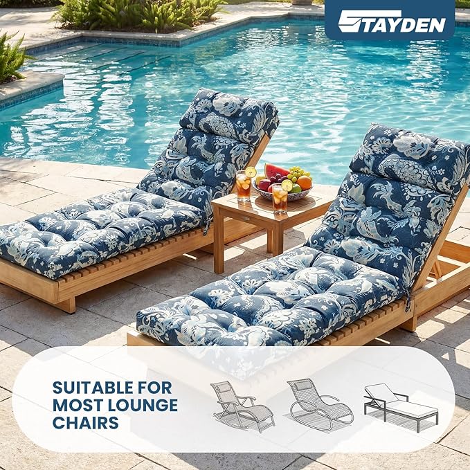 Outdoor Lounge Chair Cushions, Chaise Lounge Chair Cushions Replacement for Patio Furniture with Ties Waterproof Fabric Pool Chasie Cushion 74.4 x 22 x 4.7 Inches Damascus