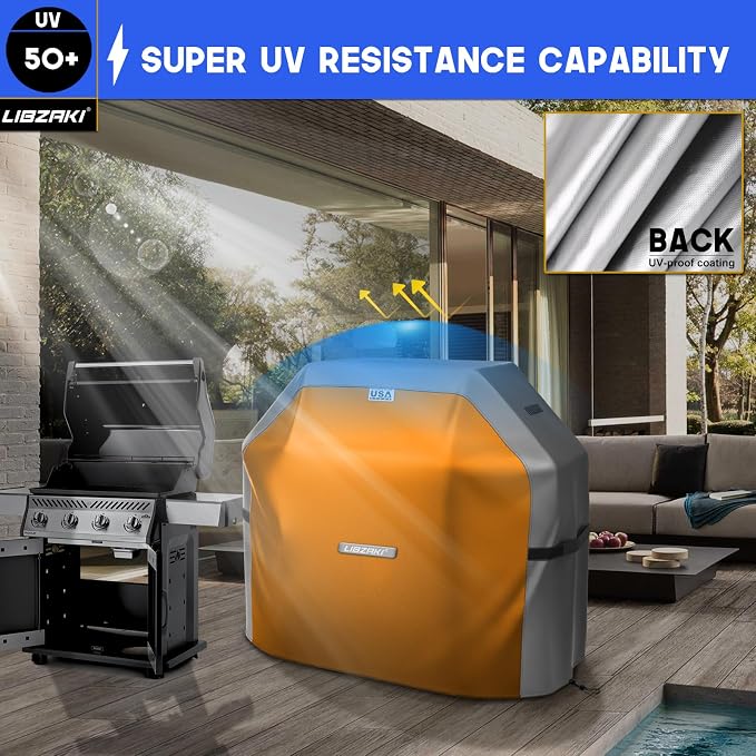 LIBZAKI Grill Cover 420D Waterproof, Weather Resistant, Rip-Proof, Anti-UV, Fade Resistant,Gas Grill Cover for Weber,Char Broil,Nexgrill Grills, etc.48 inches-Gray/Orange