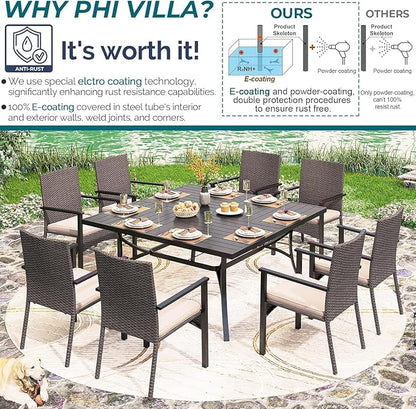 PHI VILLA 9 Pieces Square Outdoor Dining Table Set for 8, 60” Large Metal Steel Dining Table & Rattan Wicker Chairs with Cushions, Dining Furniture Set for Patio, Deck, Yard, Porch