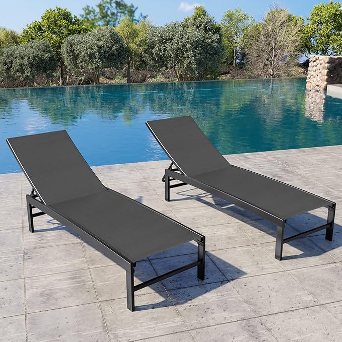 Crestlive Products Chaise Lounge Chair Outdoor Set of 2, Adjustable 5 Positions Pool Lounge Chairs, Metal Tanning Recliner, Outdoor Furniture All Weather for Patio, Beach, Yard, Pool
