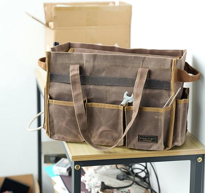 Canvas Tool Tote Bag, Heavy Duty 16oz Waxed Canvas Tool Pouch with Metal Zipper & 12-Pocket | Multi-Purpose Garden Tool Storage Carrier for Gardener Craftsman Contractor | Brownish Grey