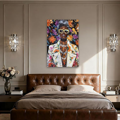 YETHEN WAL Afrocentric Canvas Wall Art – Black Woman Portrait Floral Wall Decor, Chic Modern Art Prints for Living Room, Bedroom, Office Decor, 32×48 Inch